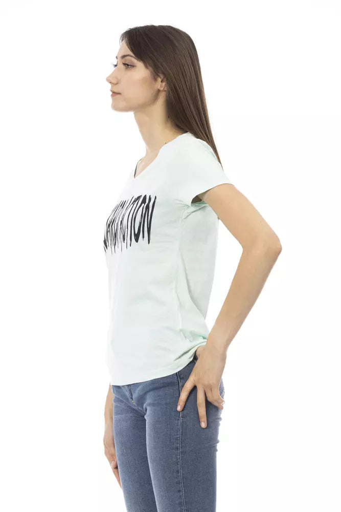 Light blue cotton short-sleeve women t-shirt with black graphic print on the front
