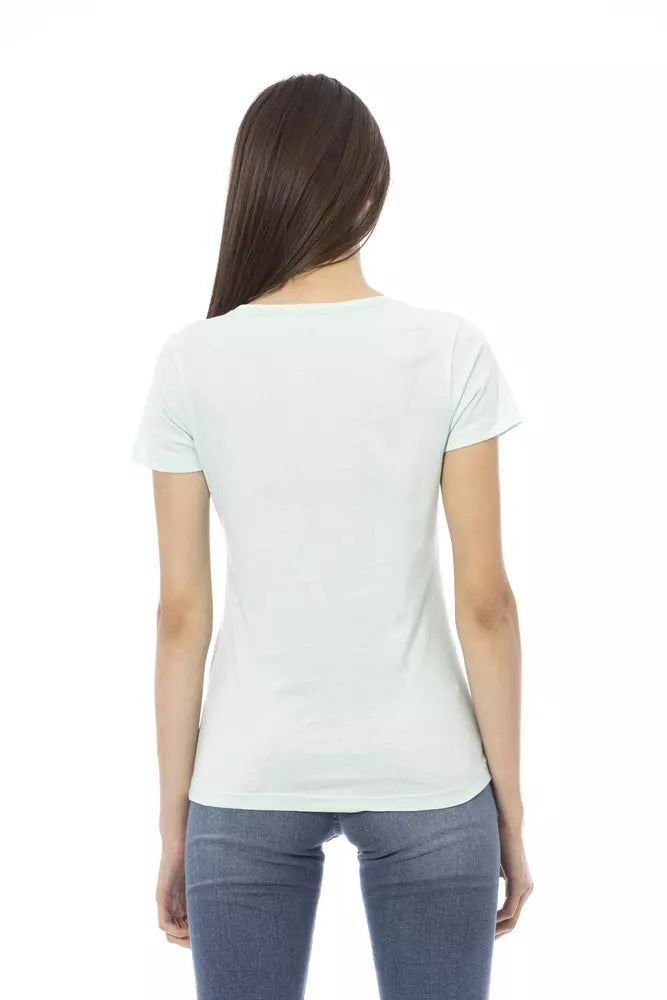 Back view of a light blue cotton short-sleeve women's t-shirt worn with jeans
