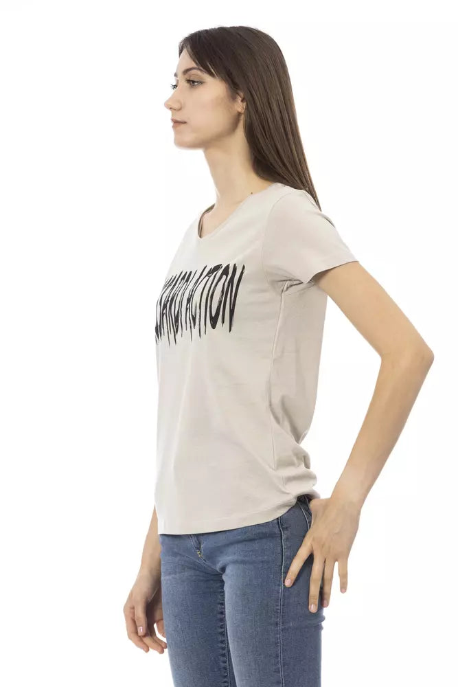 Trussardi Action beige cotton t-shirt with black logo graphic on the chest worn with blue jeans