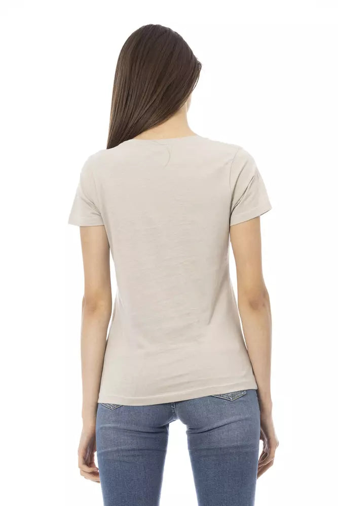 Beige cotton short-sleeve women's t-shirt viewed from the back