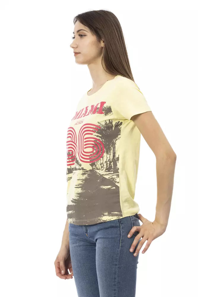 Yellow cotton women's t-shirt with short sleeves and a graphic print on the front