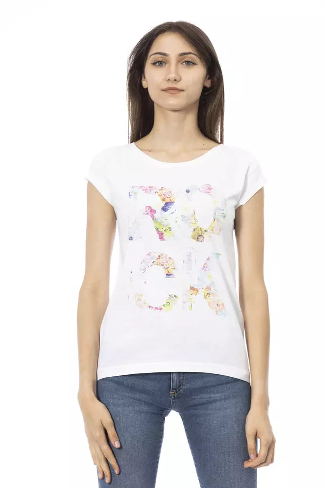 White cotton short-sleeve women's t-shirt with a colorful floral graphic print