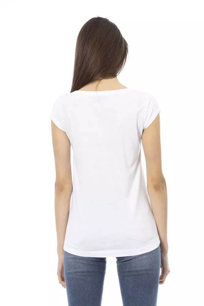 Rear view of a woman wearing a plain white cotton t-shirt with short sleeves and blue jeans
