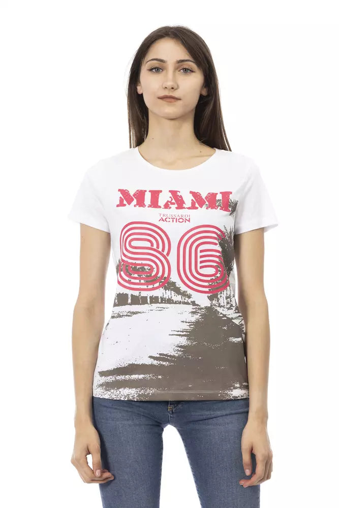 White cotton women t-shirt with short sleeves and graphic print