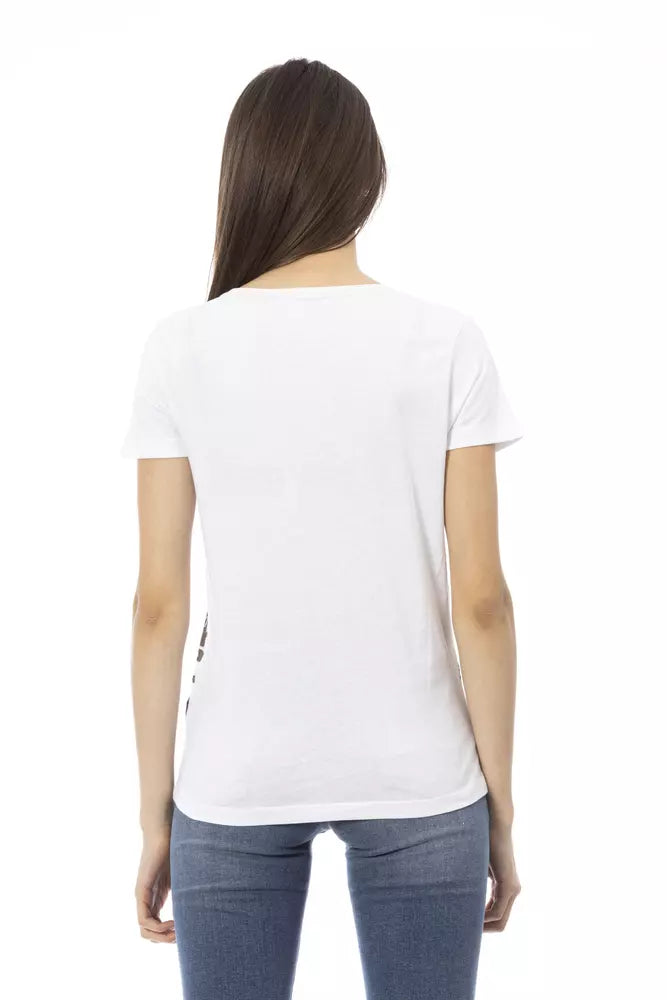 Woman wearing a plain white cotton short-sleeve t-shirt with crew neck viewed from the back