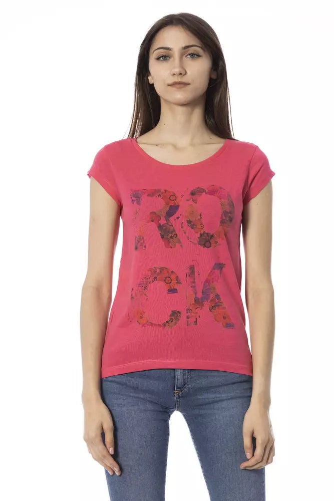 Pink cotton T-shirt with short sleeves and floral graphic print reading ROCK on the front