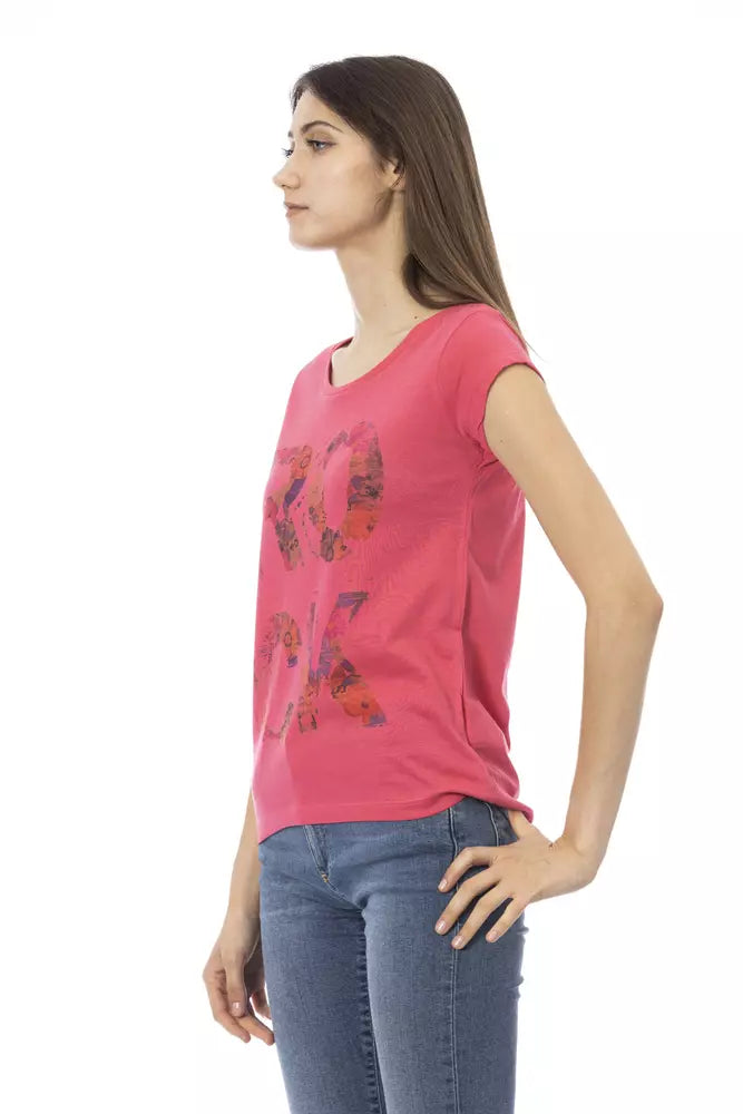 Pink cotton short-sleeve women's t-shirt with multicolored graphic print