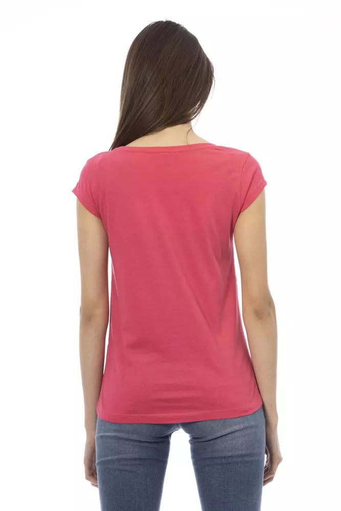 Rear view of a woman wearing a plain pink cotton t-shirt and blue jeans
