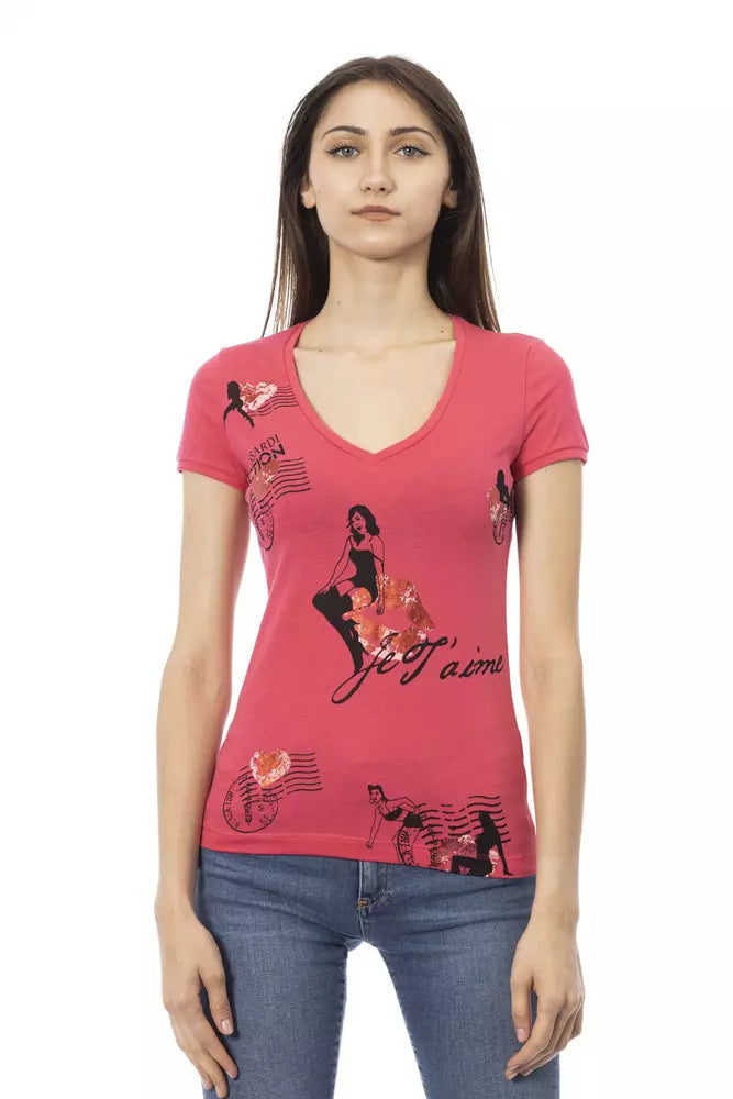 Pink cotton v-neck short sleeve top with graphic print featuring women and lips