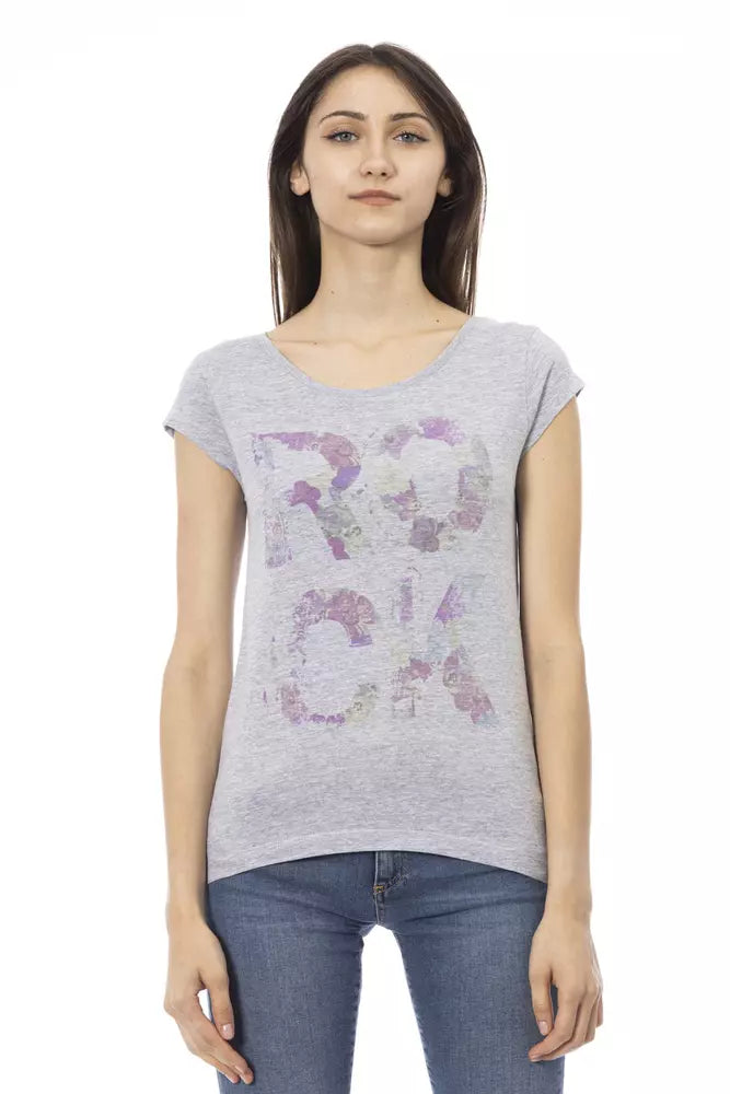 Gray cotton women t-shirt with short sleeves and a graphic print on the front