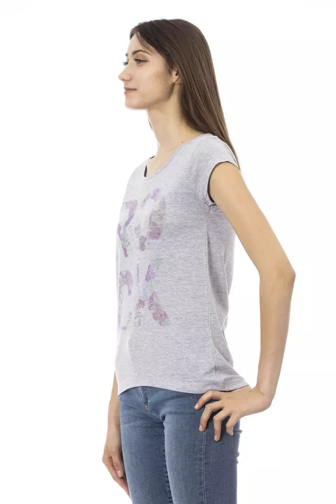 Gray cotton women t-shirt with short sleeves and a round neck worn by a model