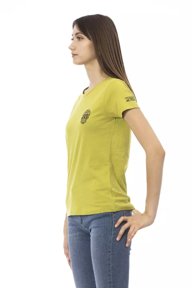 Woman wearing a short-sleeved green cotton t-shirt with graphic print