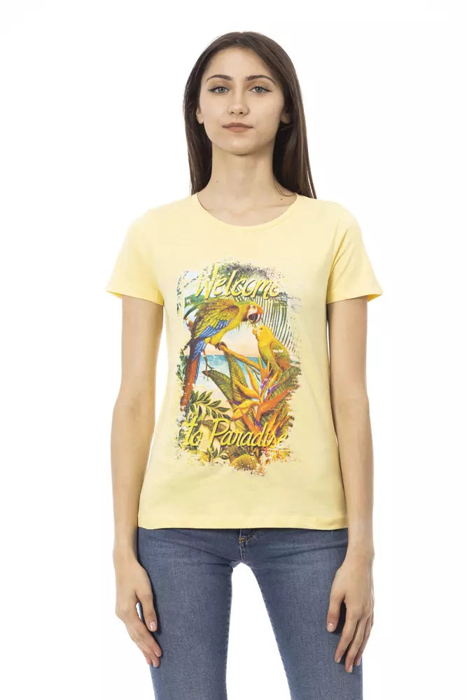 Yellow cotton women t-shirt with tropical parrot graphic print