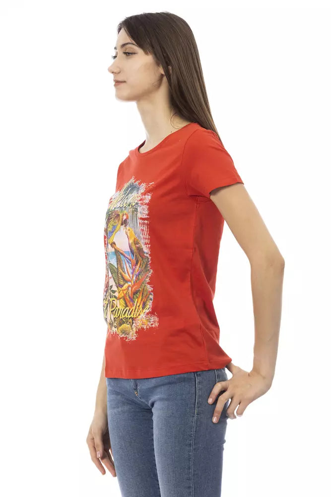 Red cotton women's t-shirt with a colorful graphic print on the front