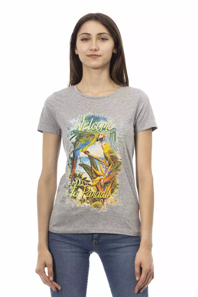Gray cotton women t-shirt with tropical parrot graphic print