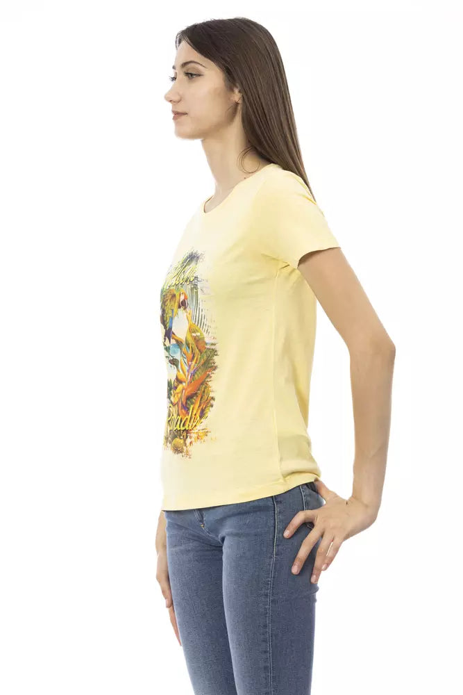 Yellow cotton women's t-shirt with short sleeves and a graphic parrot print