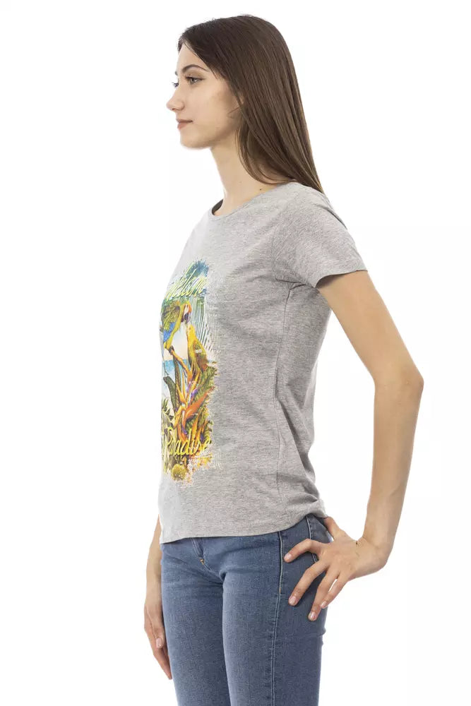Gray cotton women t-shirt with tropical parrot graphic print