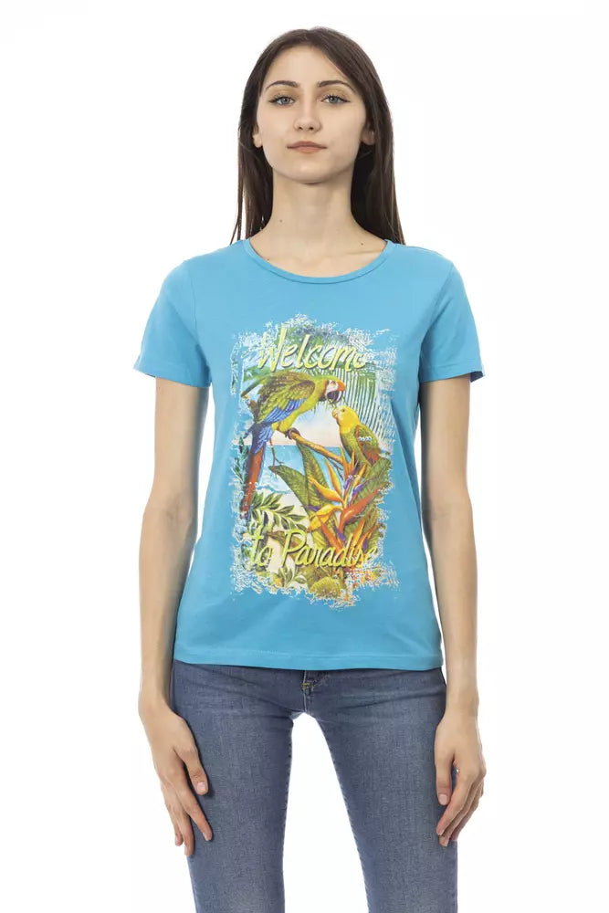Light blue cotton women t-shirt with parrot graphic print