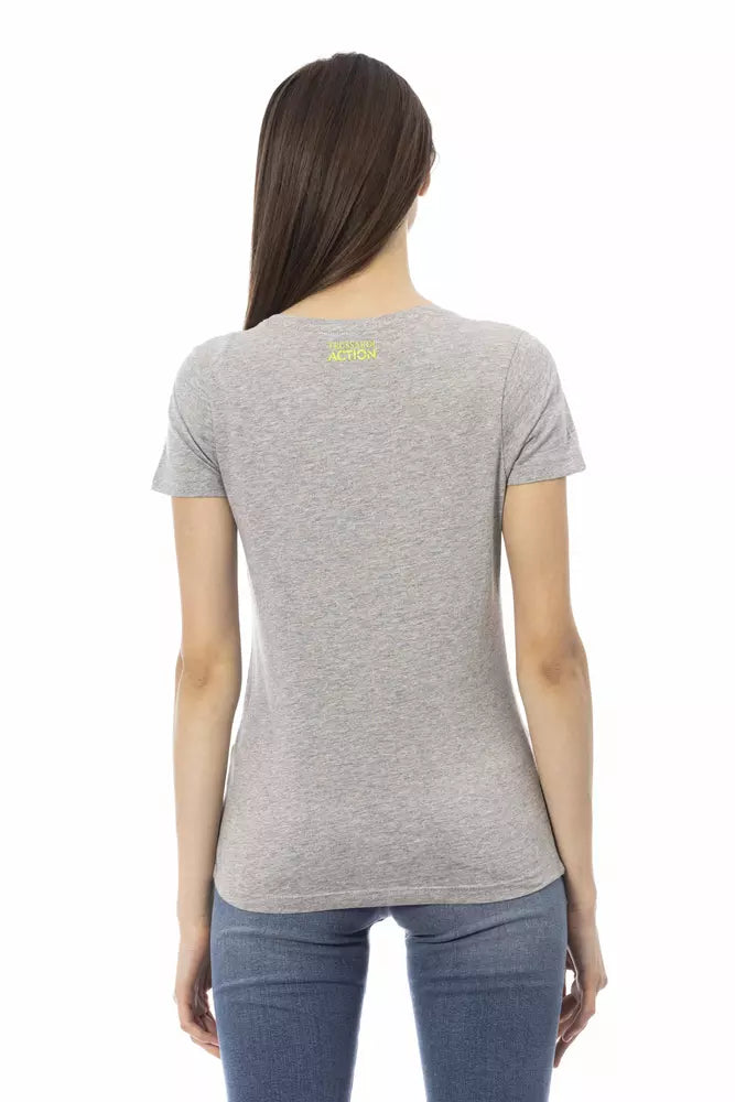 Gray cotton women t-shirt with short sleeves worn by a model facing away