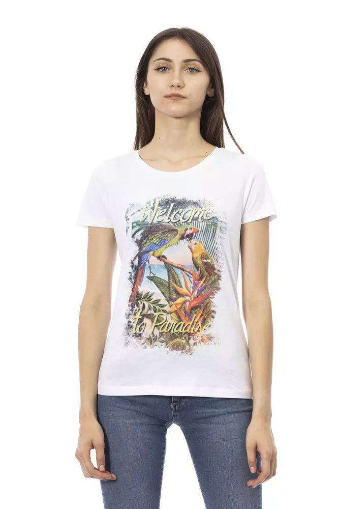 White cotton women t-shirt with tropical parrot graphic print