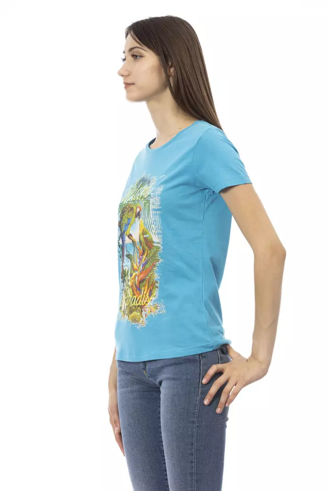 Light blue cotton women t-shirt with a parrot graphic print worn with blue jeans