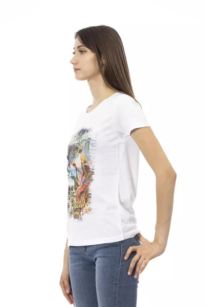 White cotton women's t-shirt with a colorful graphic print worn by a model