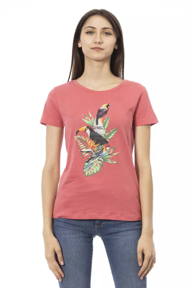 Pink cotton crew neck t-shirt for women with tropical bird graphic print