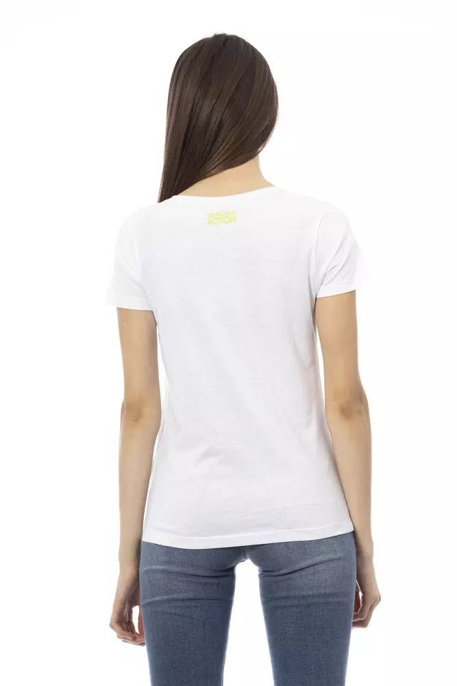 White cotton women t-shirt with short sleeves worn with blue jeans seen from behind