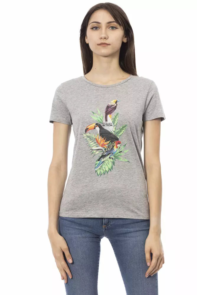 Gray cotton women t-shirt with tropical bird graphic print