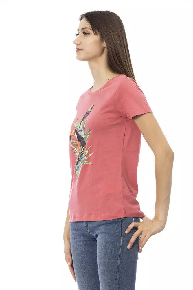 Pink cotton women t-shirt with tropical bird graphic print