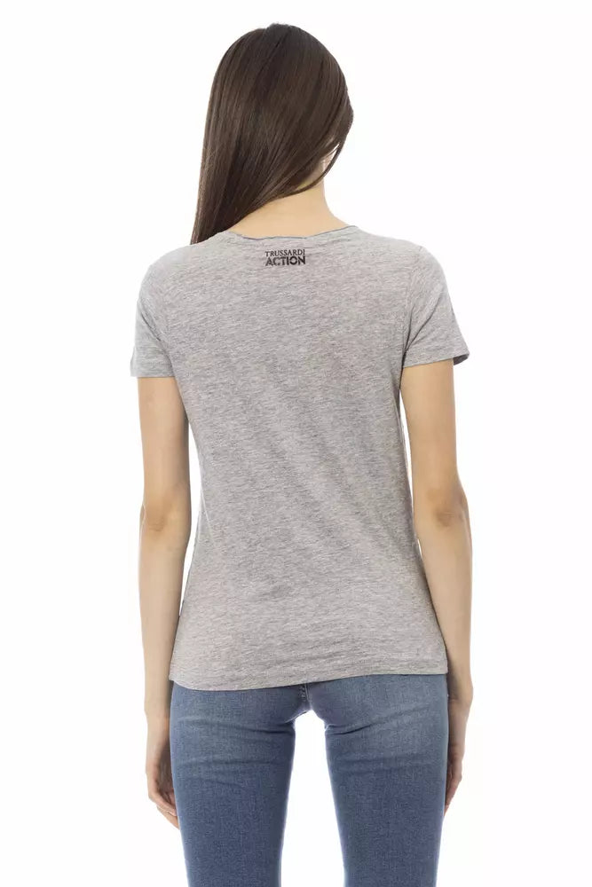 Back view of a woman wearing a gray cotton short-sleeve T-shirt with the Trussardi Action logo on the upper back