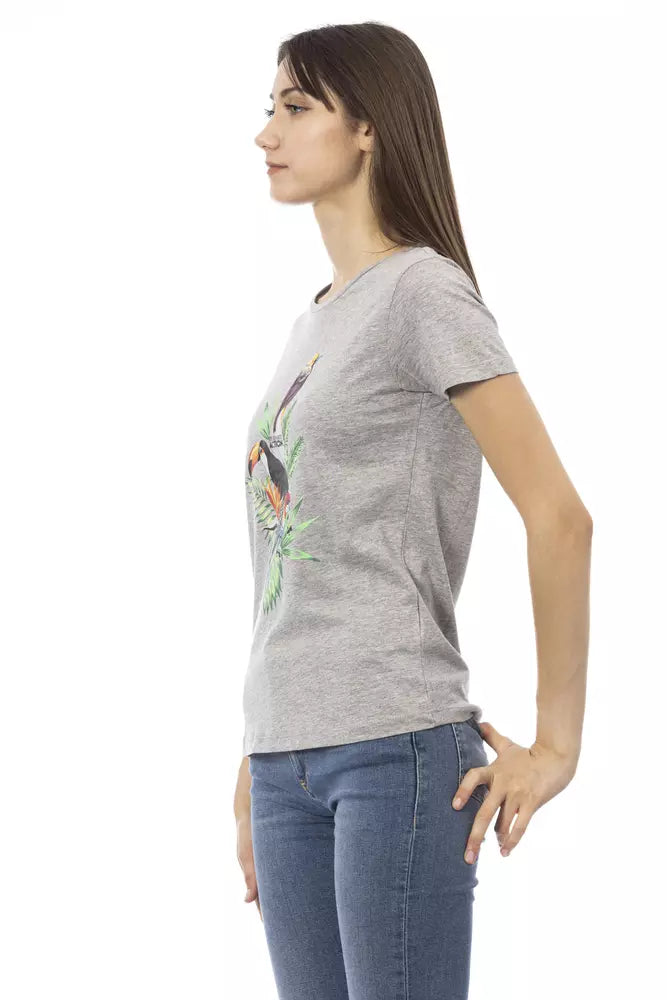 Gray cotton women t-shirt with tropical bird graphic print