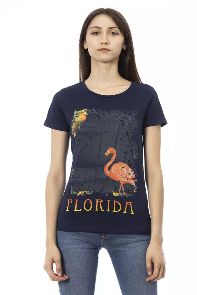 Navy blue cotton women's t-shirt with a Florida flamingo graphic print