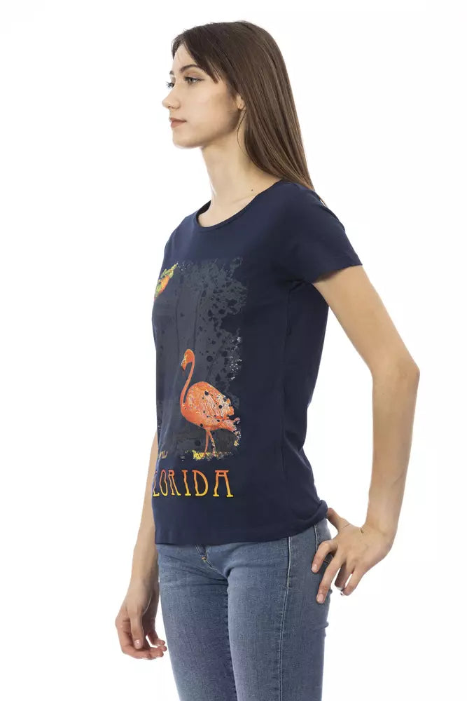 Navy blue cotton women's t-shirt with a Florida flamingo graphic print