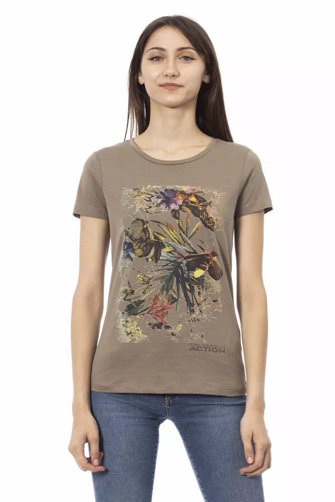 Brown cotton women t-shirt with floral graphic print on the front worn with blue jeans