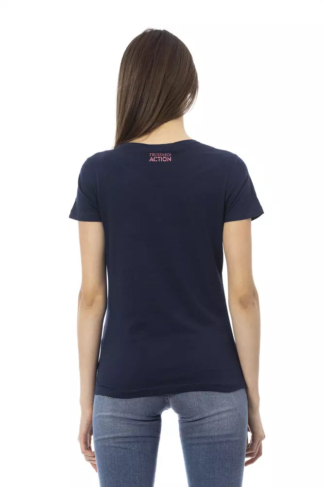 Blue cotton women t-shirt seen from behind with pink logo on upper back
