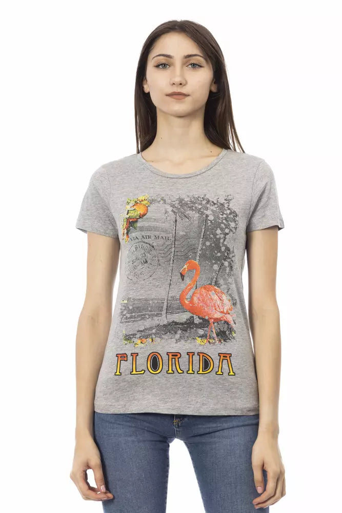 Gray cotton women's t-shirt with short sleeves and a graphic print featuring a flamingo and Florida text