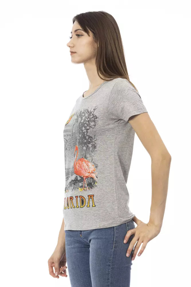 Gray cotton women t-shirt with short sleeves and a flamingo graphic print