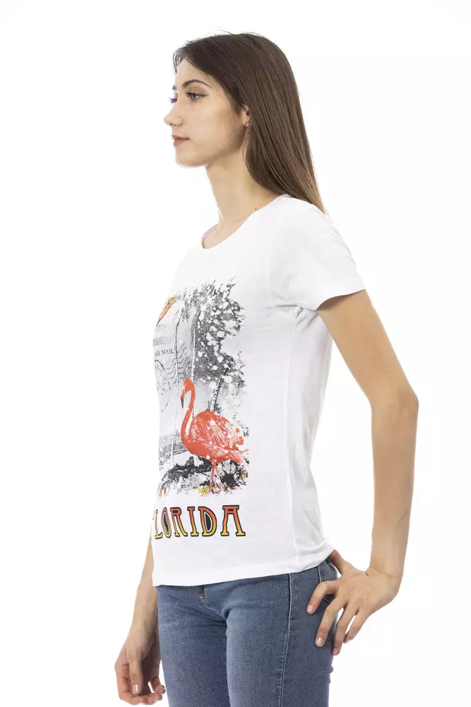 White cotton women t-shirt with Florida flamingo print worn by a model
