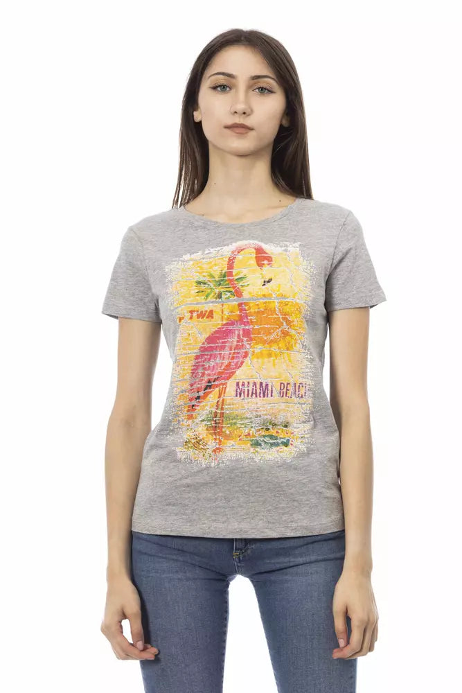 Gray cotton women t-shirt with short sleeves and a graphic print of a pink flamingo and palm trees