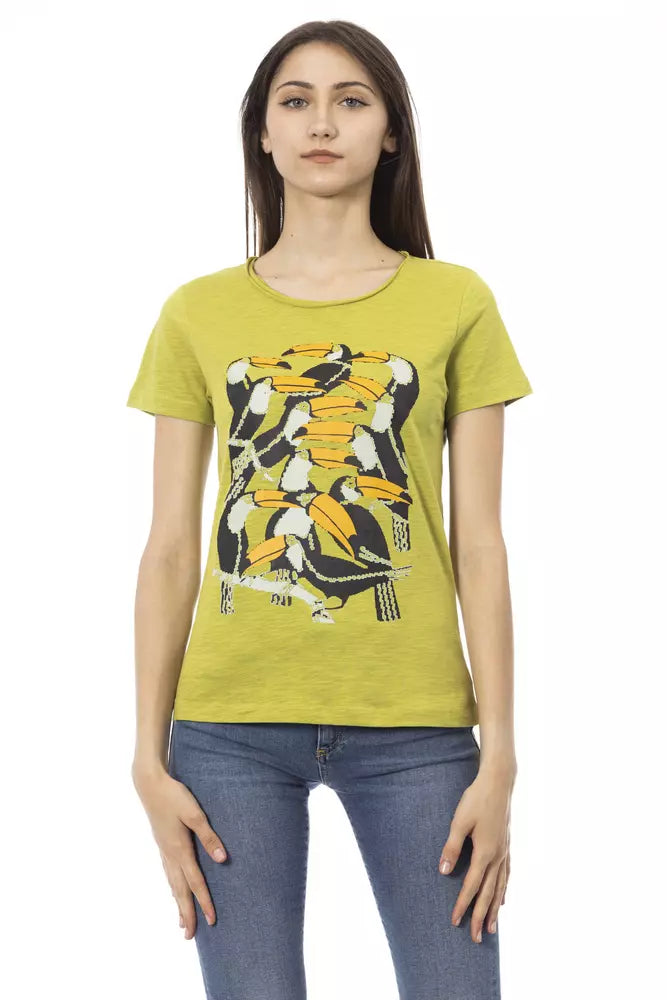 Green cotton women t-shirt with toucan graphic print and round neck