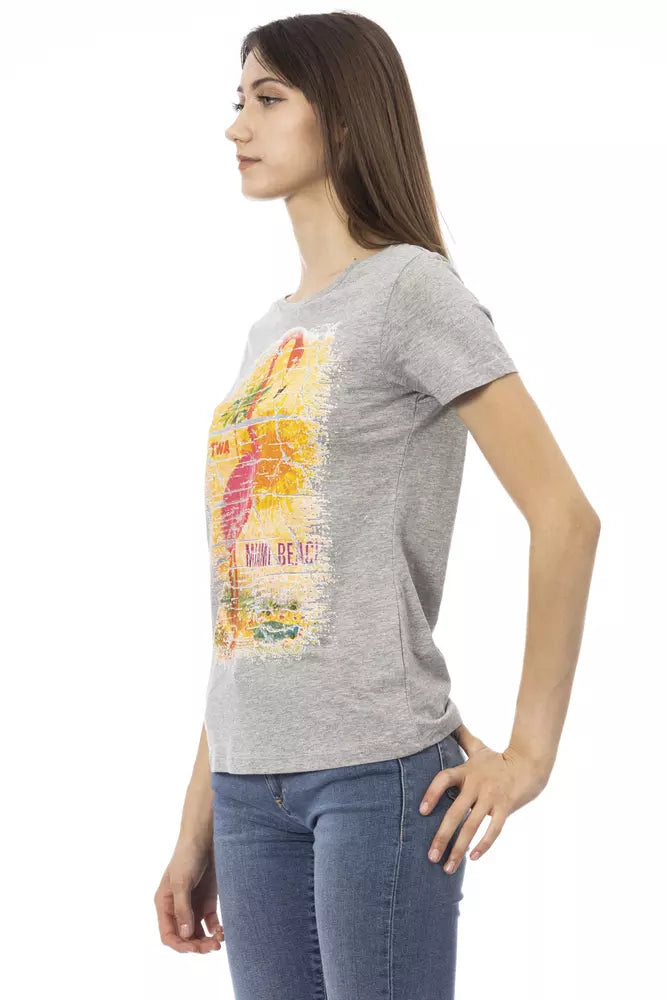 Gray cotton women t-shirt with short sleeves and a graphic print of a pink flamingo and palm trees