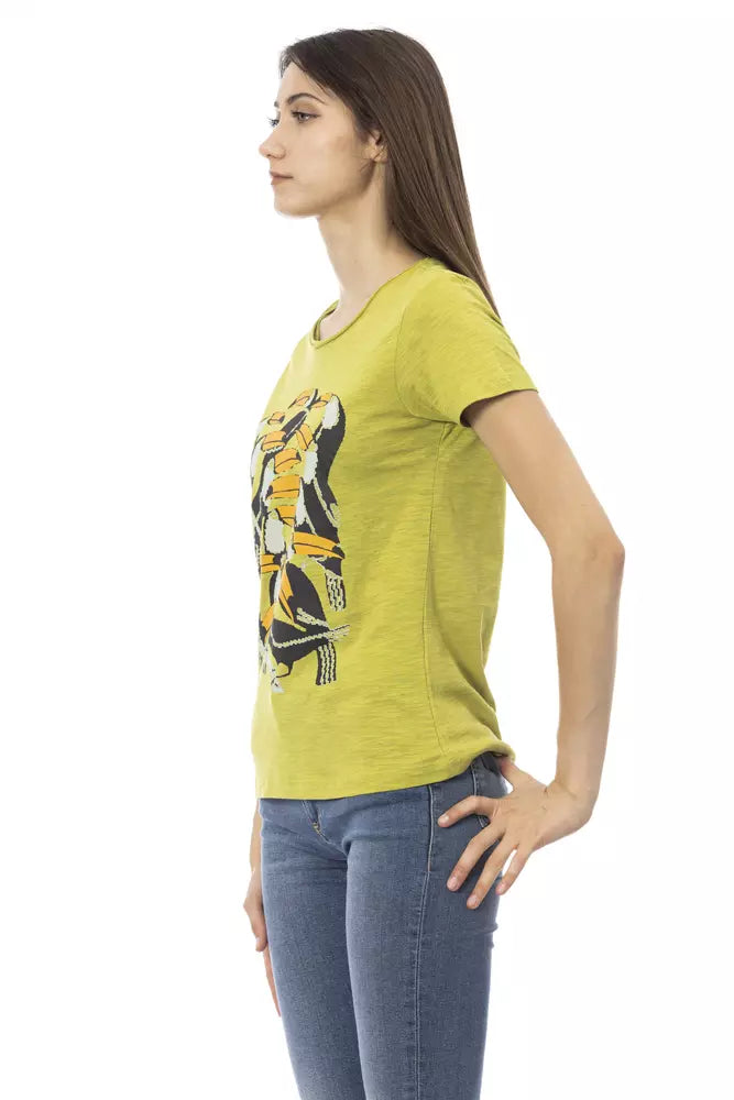 Green cotton women t-shirt with toucan graphic print and round neck