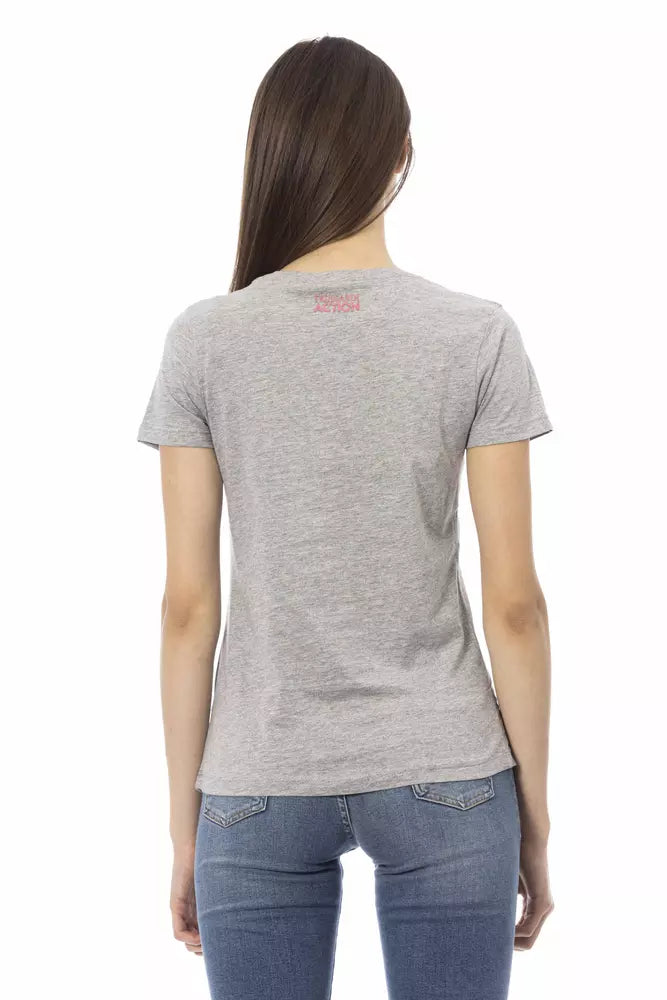 Gray cotton women t-shirt with short sleeves worn with blue jeans