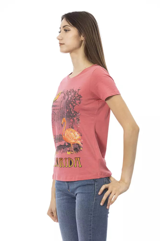 Pink cotton women's t-shirt with short sleeves and a graphic print featuring a flamingo and the word Florida