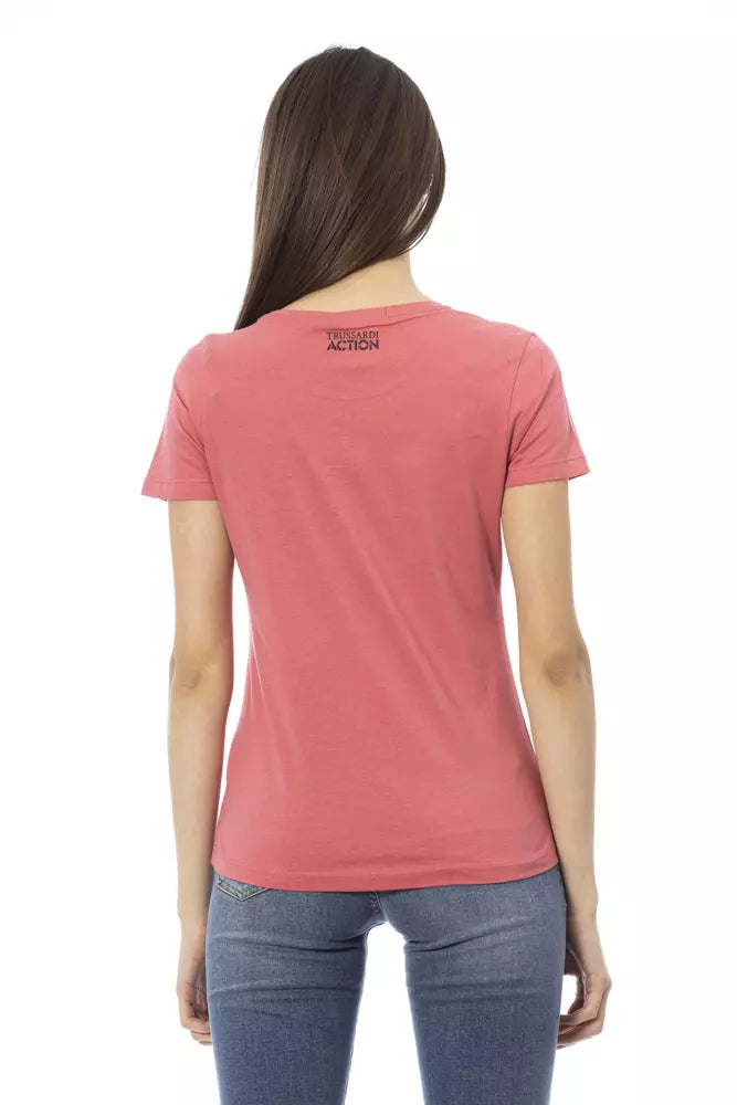 Back view of a woman wearing a pink cotton short sleeve t-shirt with Trussardi Action logo