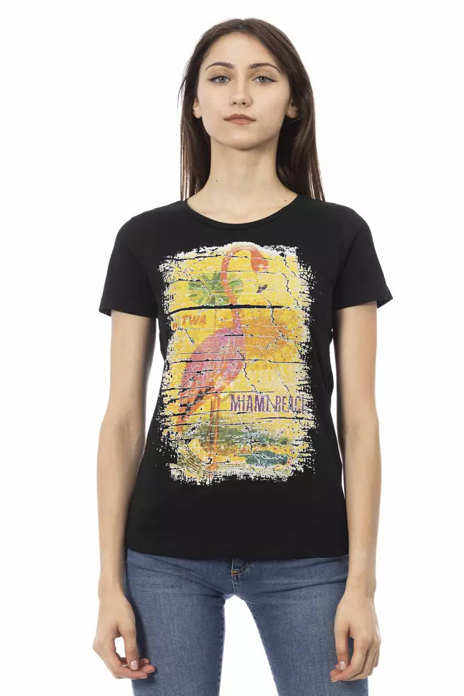 Black cotton women t-shirt featuring a colorful flamingo graphic on the front