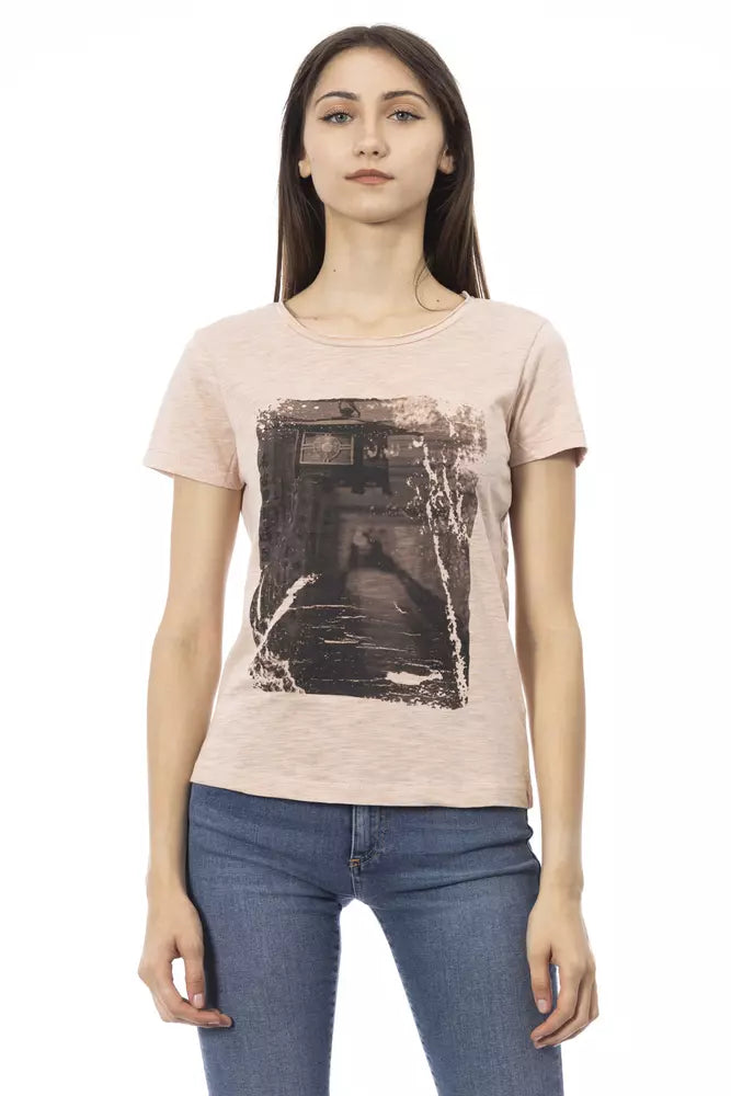 Light pink cotton short-sleeve women's t-shirt with a dark rectangular graphic print on the front