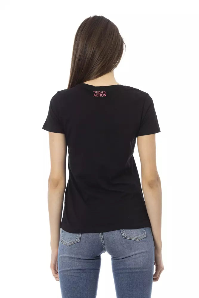 Black cotton women t-shirt with short sleeves and pink Trussardi Action logo on the back