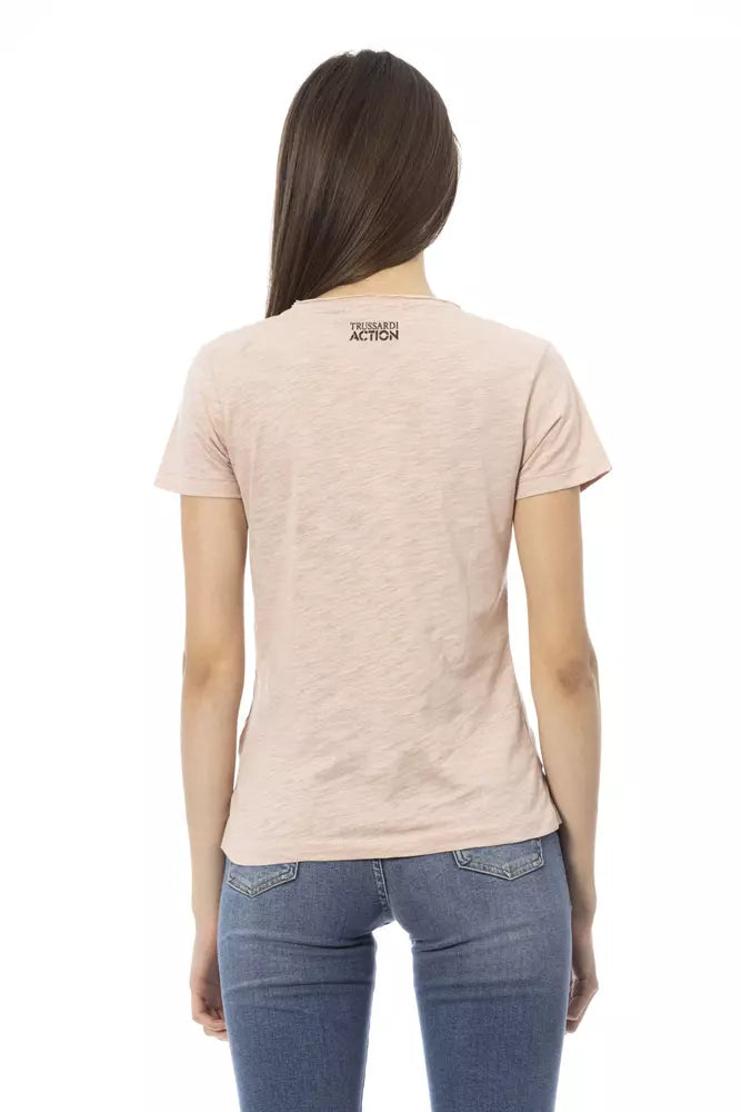 Back view of a woman wearing a pink cotton Trussardi Action t-shirt and blue jeans